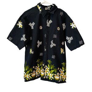 Vtg 70s Hawaiian Black Barkcloth Turtle Poi Floral Shirt Size XL Mens Cotton